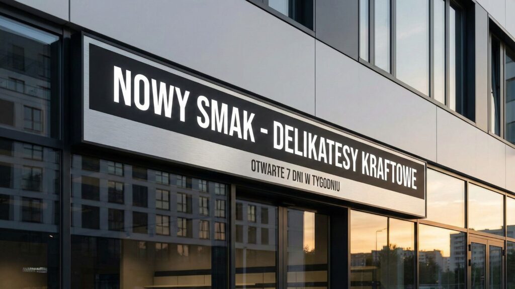 Kaseton podświetlany na elewacji – reklama świetlna sklepu Nowy Smak Delikatesy Kraftowe wykonana przez Reffect