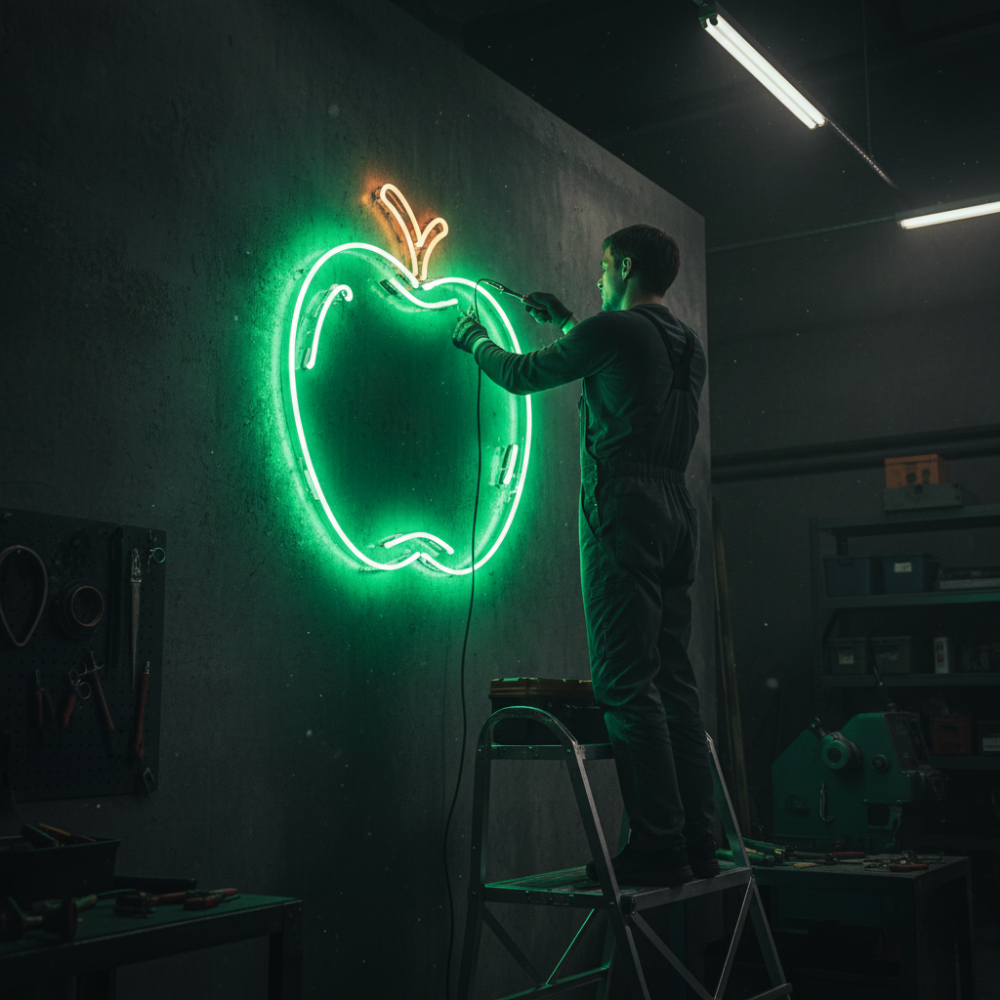Neony szklane – produkcja i naprawa neonów w pracowni; ręcznie wykonywany neon reklamowy szklany