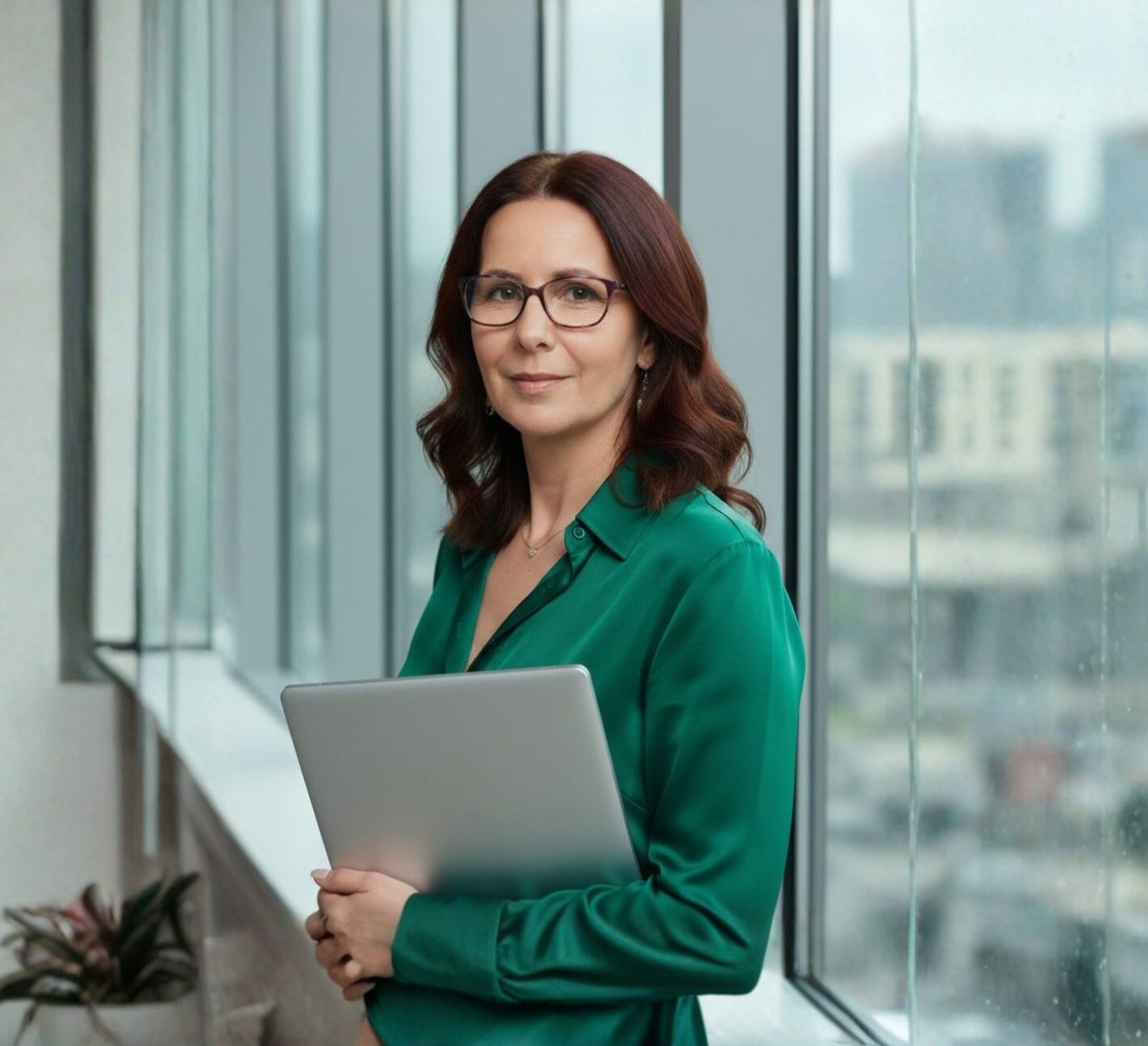Uśmiechnięta pracowniczka firmy Reffect w okularach i zielonej koszuli, trzymająca laptopa na tle nowoczesnego biura.