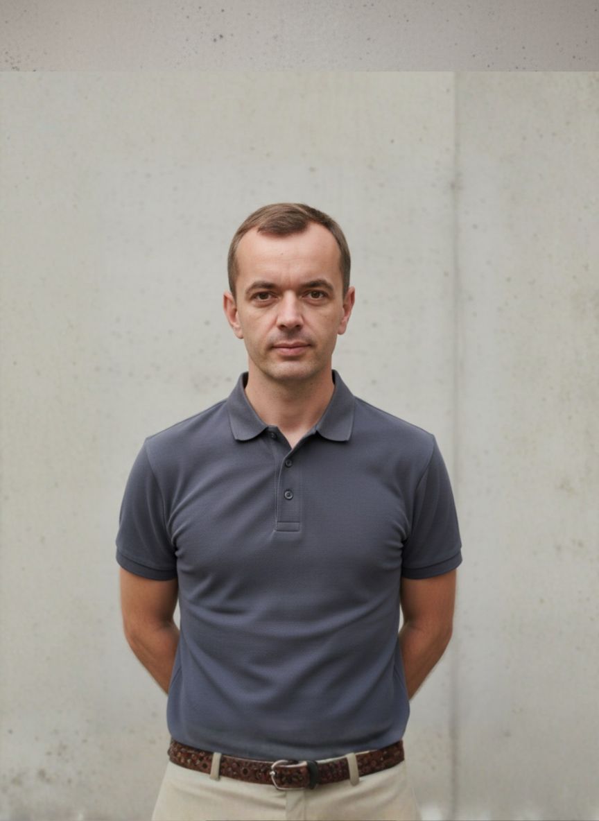 Portret pracownika firmy Reffect, Pawła, ubranego w szarą koszulkę polo, pozującego na tle ściany z jasnego betonu architektonicznego