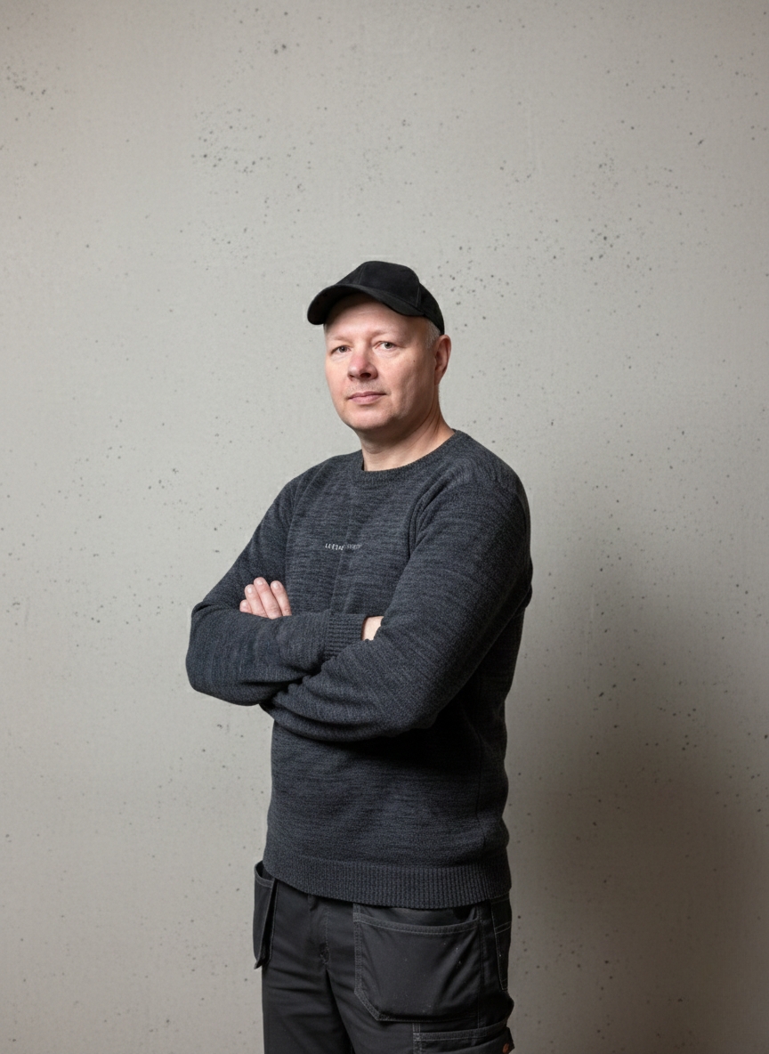 Portret Roberta z zespołu Reffect w odzieży roboczej, stojącego na tle minimalistycznej ściany z betonu architektonicznego.